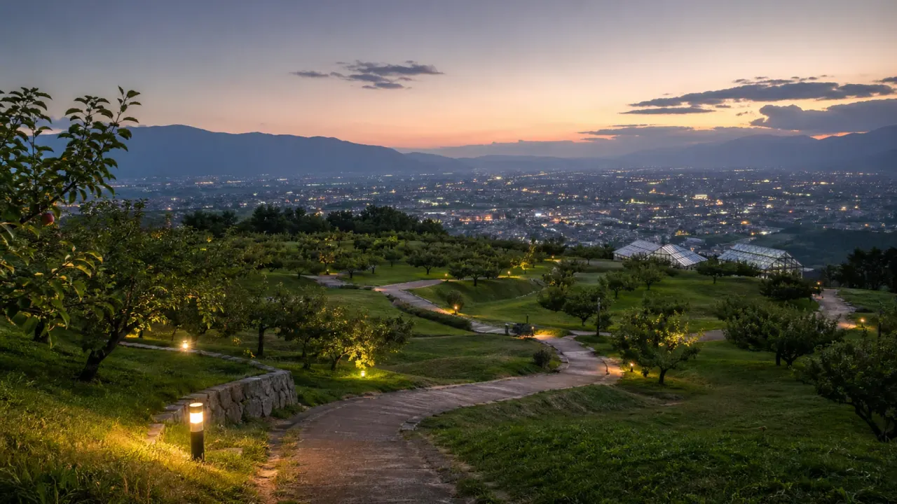 山梨市の笛吹川フルーツ公園で、丘の園路、果樹の景色、甲府盆地の眺めを夕方に味わう散歩を紹介。公式情報をもとに、歩き方と時間帯をまとめます。