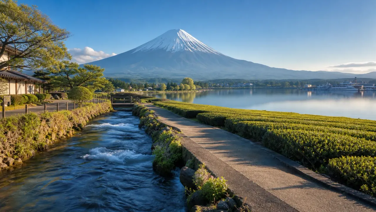 富士山、茶畑、湧水、湖畔、港を重ねた富士・富士宮散歩まとめのカバー画像