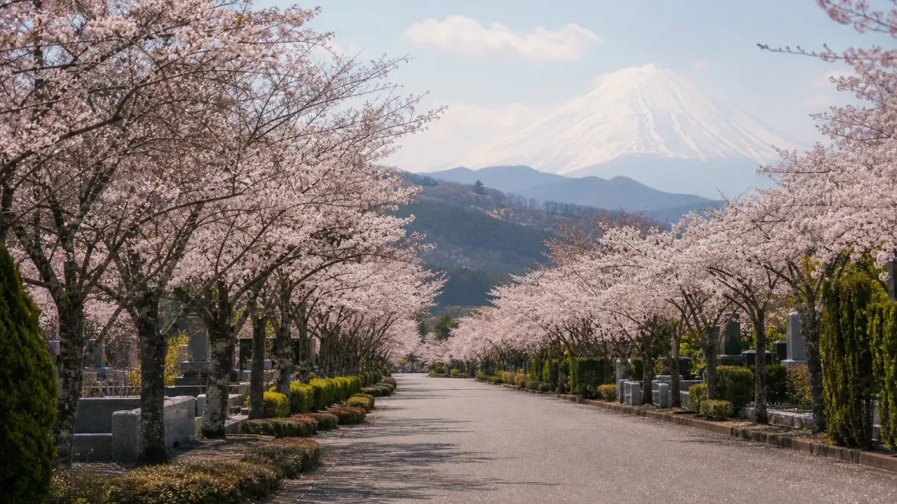 富士山麓の広い参道に桜並木が続く、冨士霊園の春散歩をイメージしたカバー画像