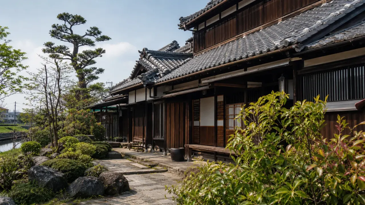 福岡河岸記念館の木造建築と庭