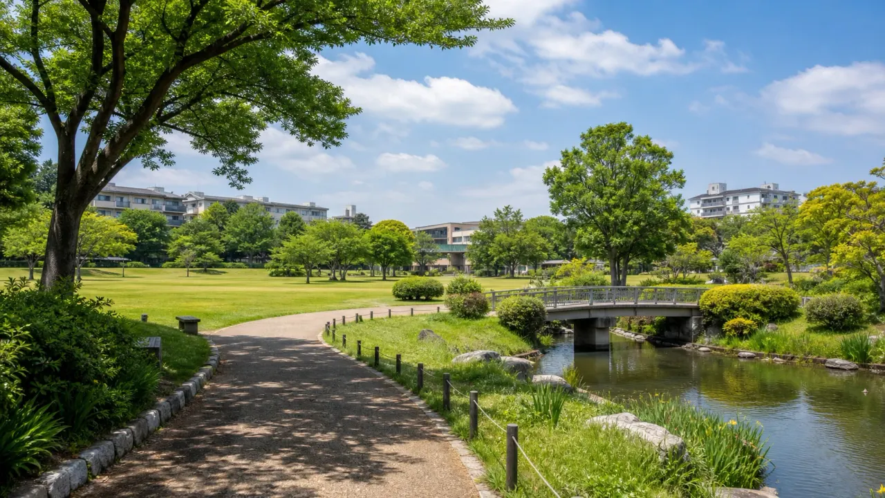 行田公園を思わせる芝生と池、橋のある緑の園路