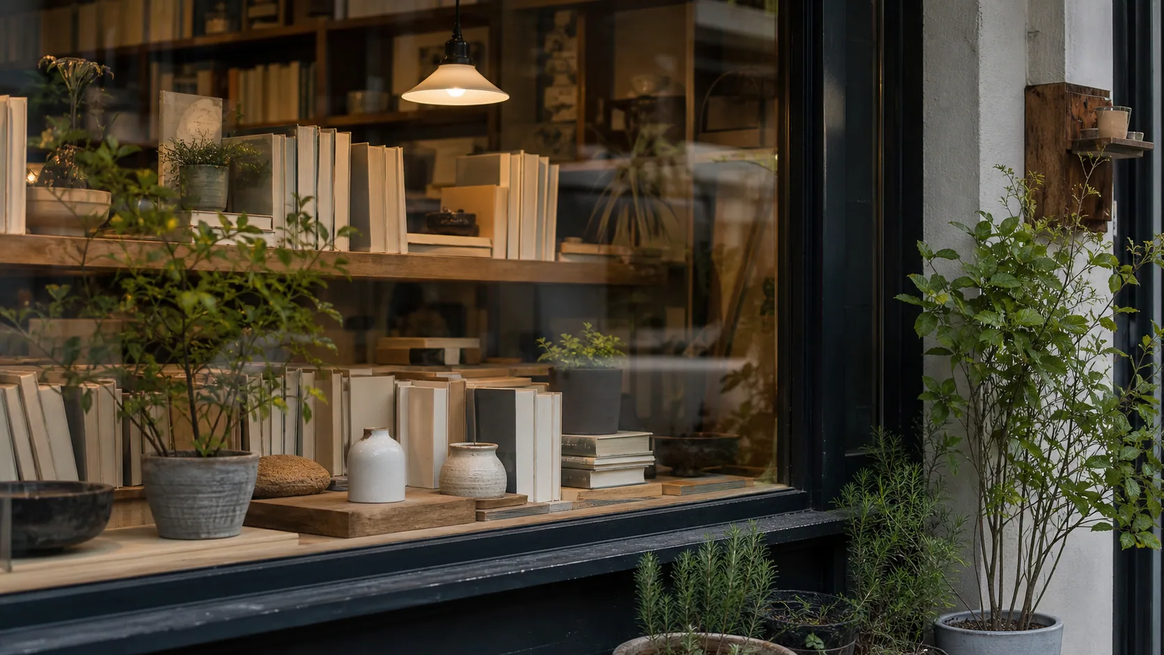 本と雑貨と植栽が並ぶ店先の近景のイメージ