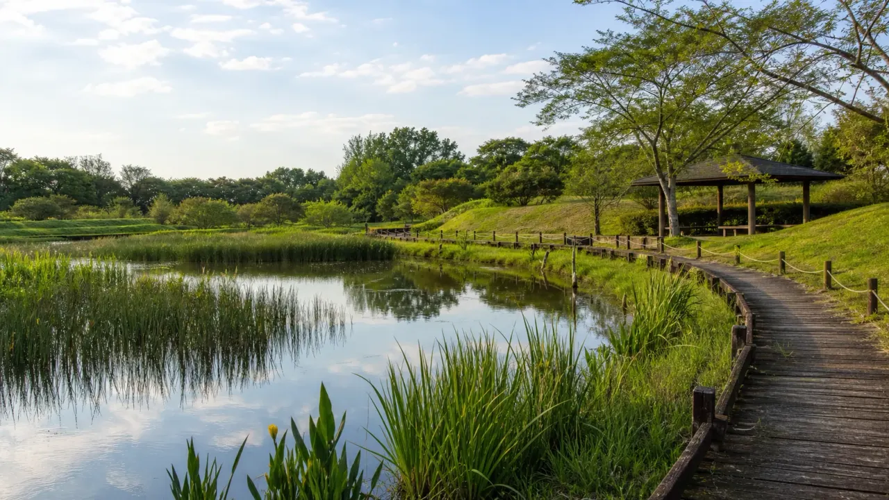 ため池と木道、あずまやが見える緑豊かな水辺公園の散歩イメージ