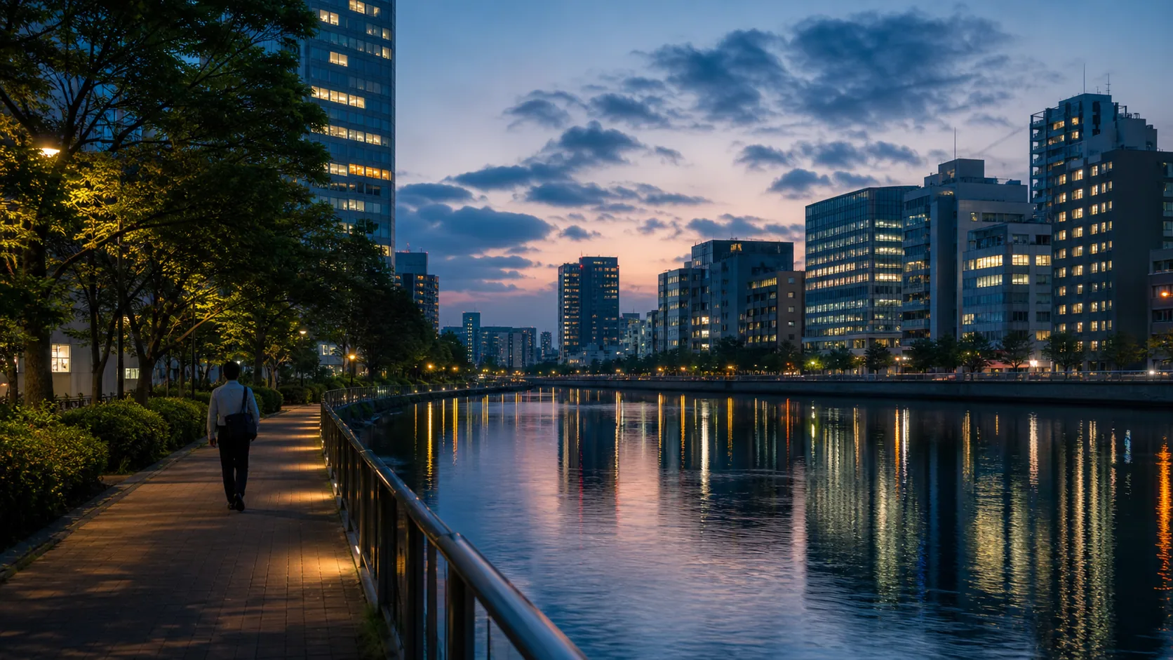 夕暮れの都市河川沿いを歩く時間のイメージ