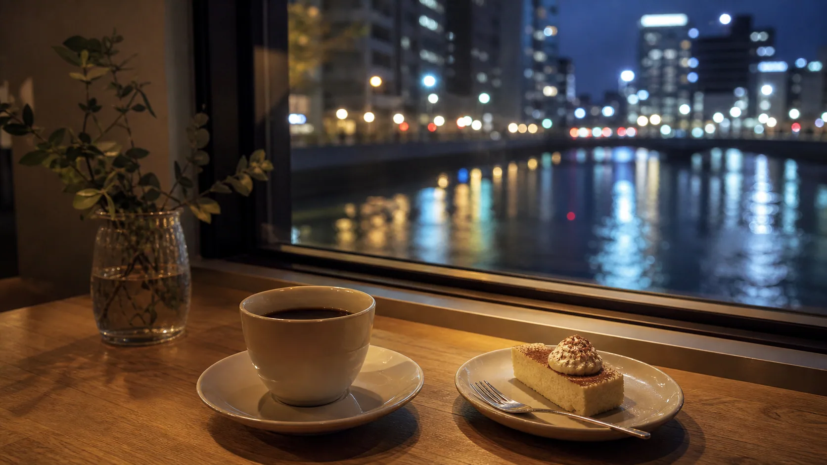 夜の水辺を眺めながら休むカフェ時間のイメージ