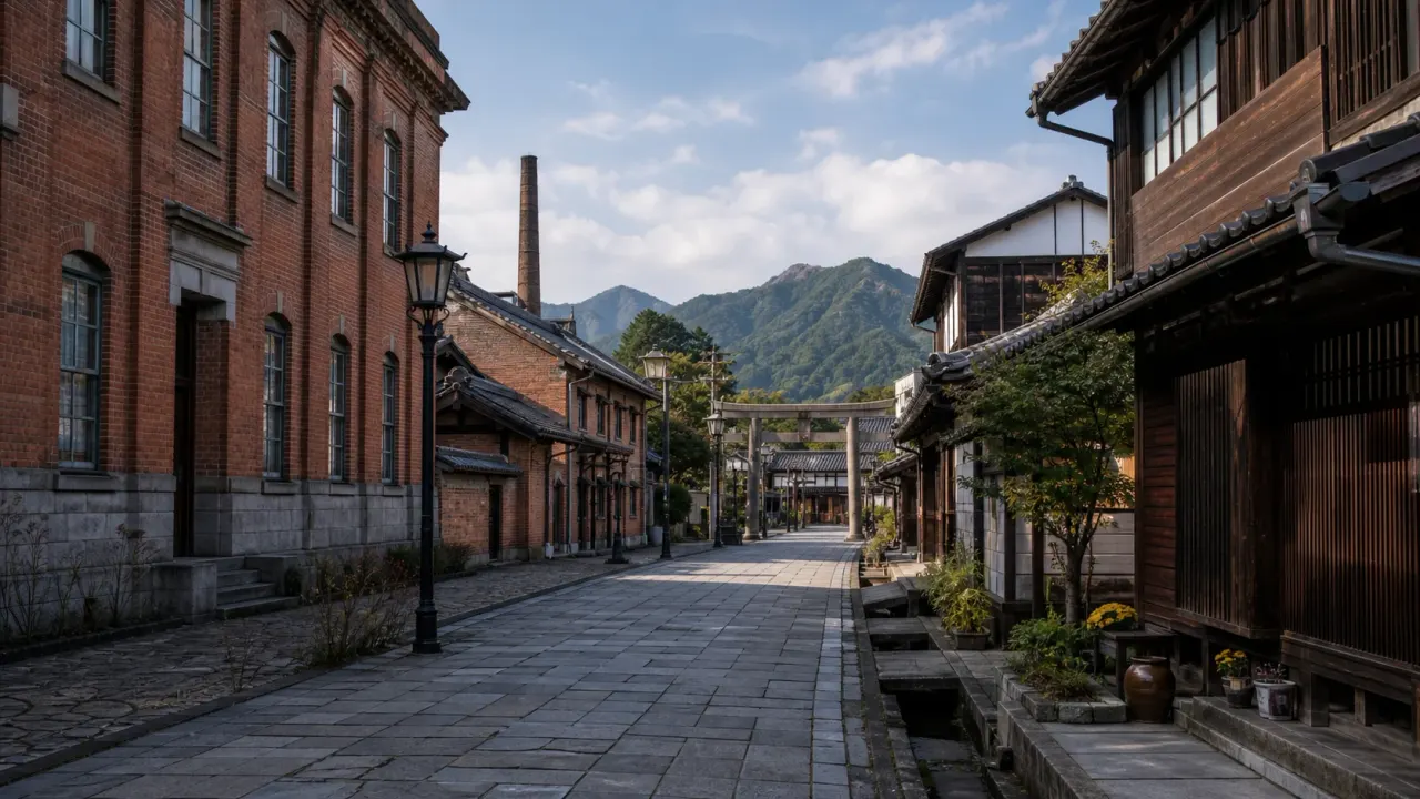 赤レンガの産業遺産と木造の町並み、山並みが見える群馬の歴史・建築散歩のイメージ画像