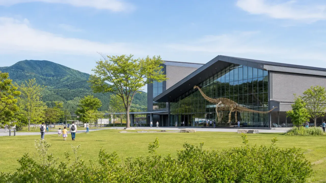 群馬県立自然史博物館を思わせる恐竜骨格、緑の公園、富岡の丘陵を重ねたカバー画像