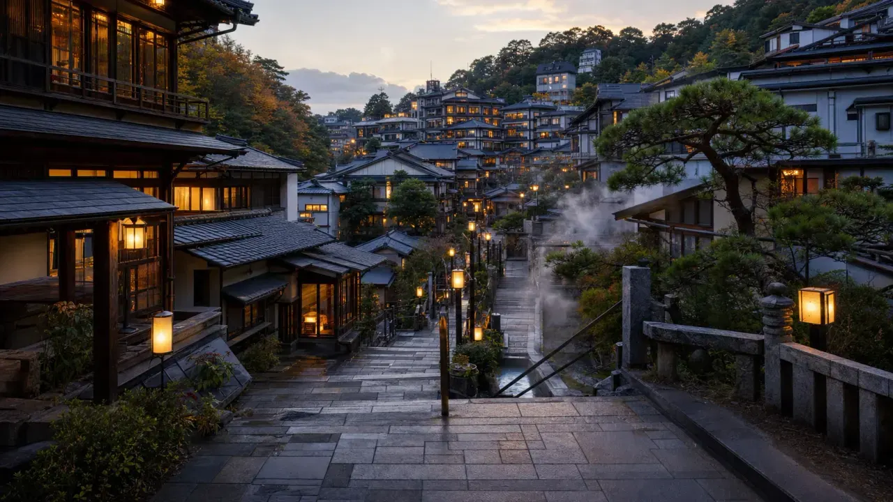 山あいの温泉街で石段と旅館の灯り、湯けむりが見える群馬温泉街散歩のイメージ画像