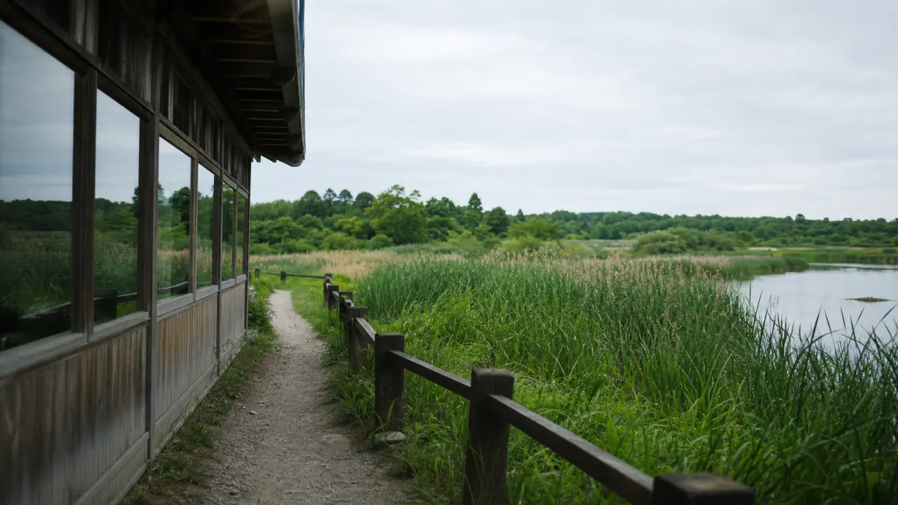 水辺の緑地を望む木造の観察施設と静かな遊歩道をイメージした、行徳野鳥観察舎あいねすとのカバー画像