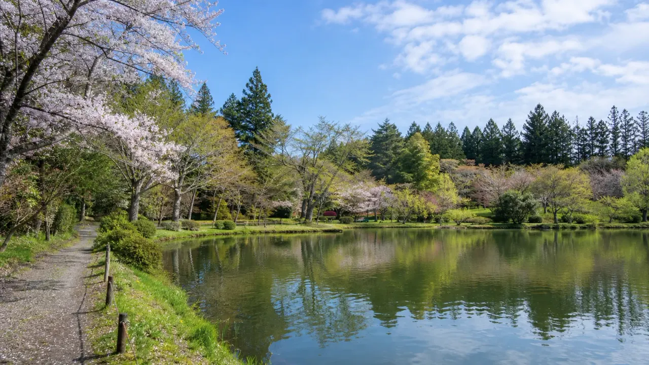芳賀町の唐桶宗山公園を思わせるため池と緑の遊歩道を歩くカバー画像