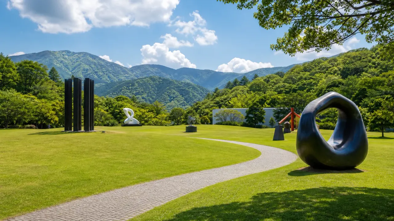 箱根の山を背景に芝生の野外展示場と抽象彫刻が並ぶ、彫刻の森美術館をイメージしたカバー画像
