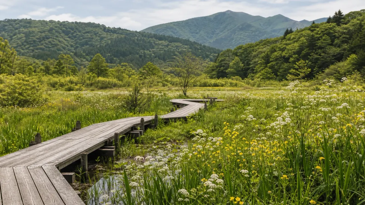 仙石原の湿原に伸びる木道と季節の草花、背後の箱根の山並みをイメージした箱根湿生花園のカバー画像