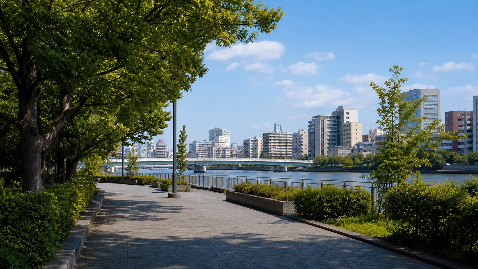 緑の公園から水辺へ抜ける散歩道のイメージ