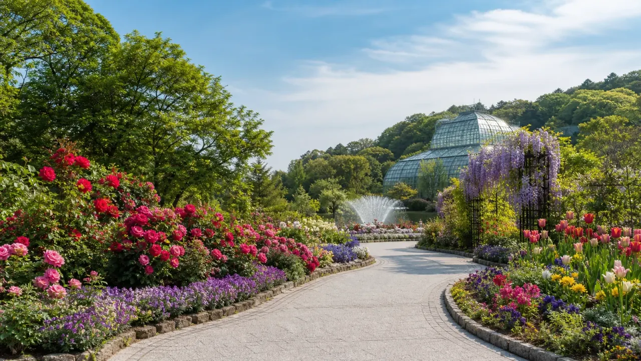 浜松市中央区のはままつフラワーパークを歩く散歩ガイド。桜、チューリップ、藤、バラ、大温室、噴水、開園時間・料金・アクセスをまとめます。