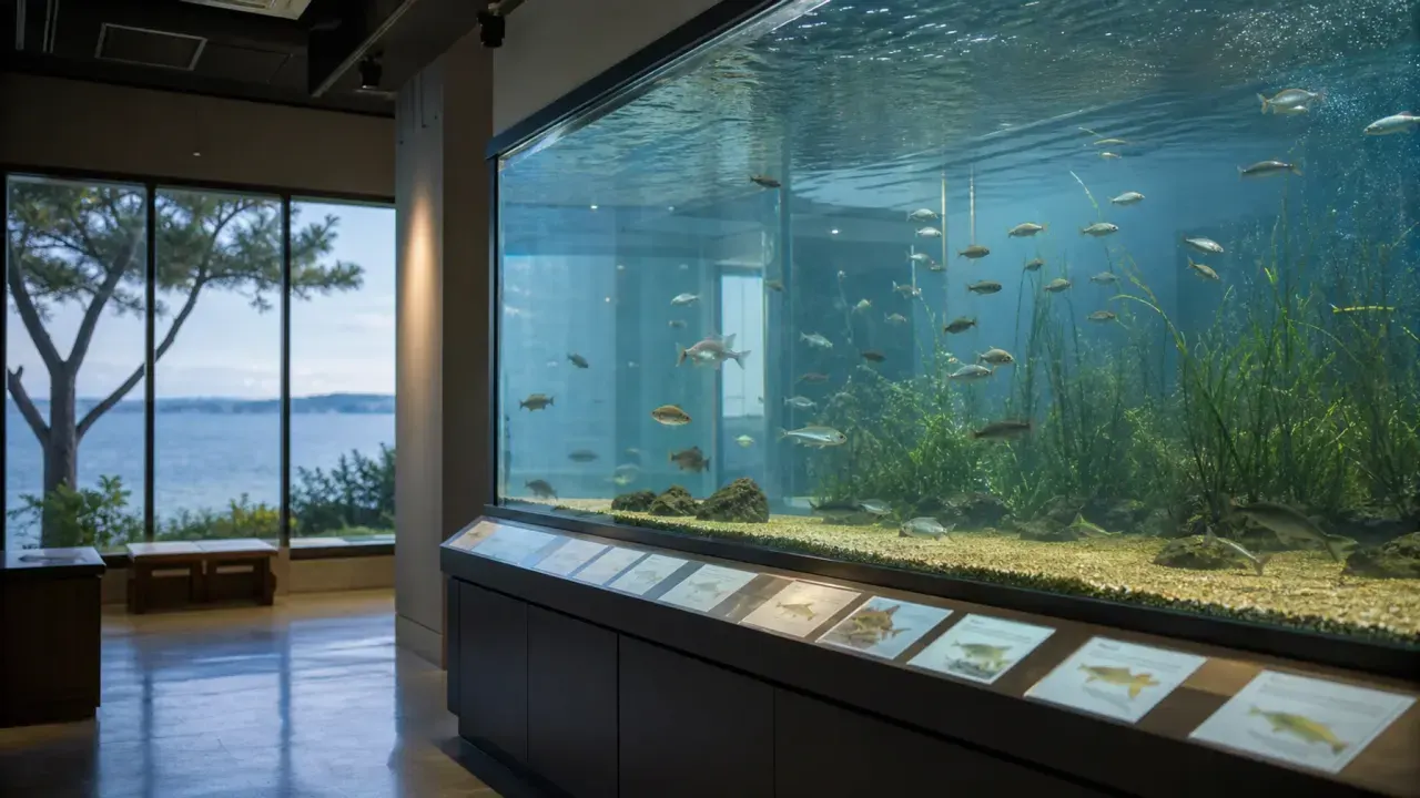 小さな水族館の水槽越しに浜名湖の魚を眺める、弁天島散歩のイメージ画像