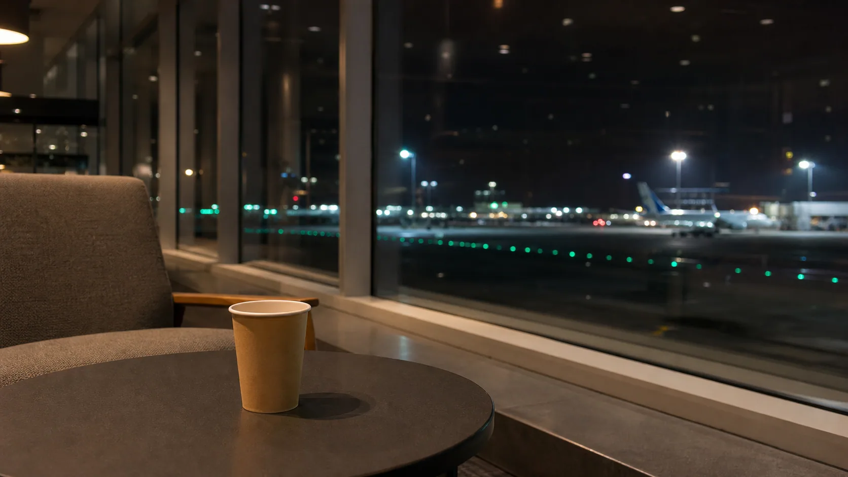 空港の窓際席で夜景を眺めながら休むイメージ