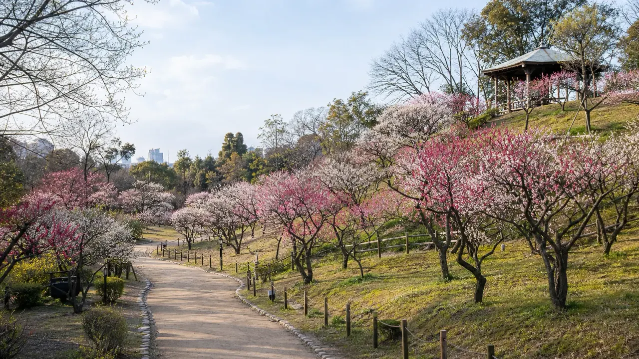 梅の花が咲く羽根木公園の丘と園路をイメージしたカバー画像