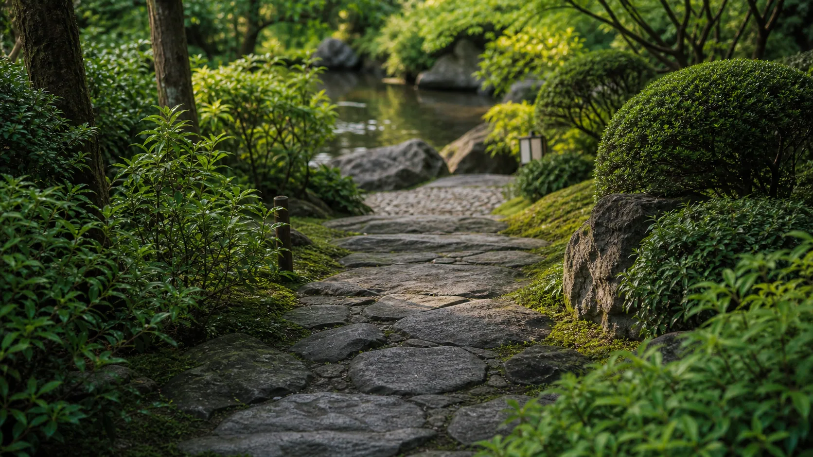 庭園の石畳と植栽を近くで見るイメージ