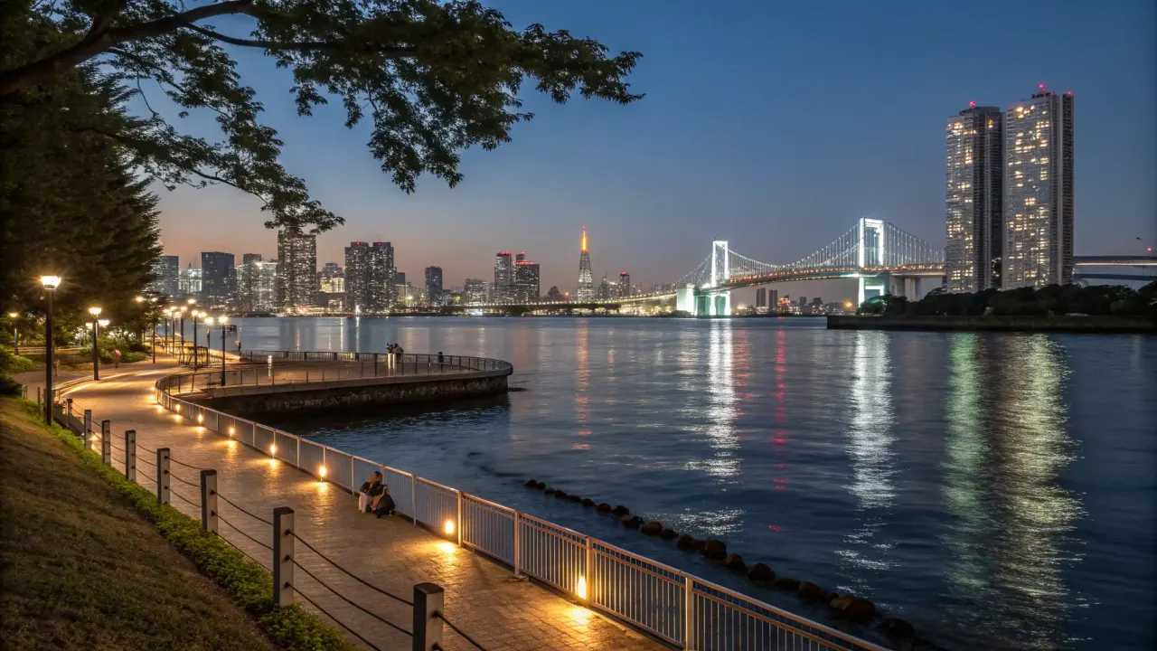 晴海ふ頭公園の夜景と水辺散歩コースを紹介。東京湾で一番静かな晴海の夜に、美しい景色と向き合える癒しの時間を過ごせます。