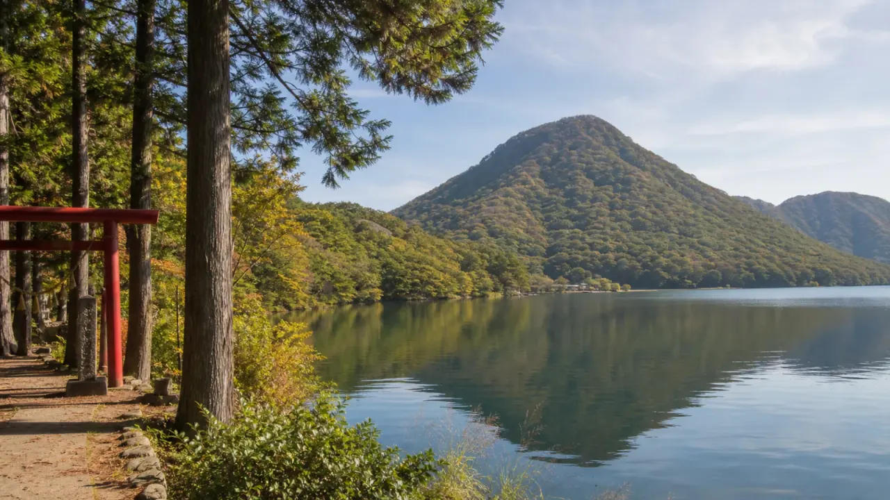 榛名湖と山並み、木立の参道をイメージした高原散歩のカバー画像