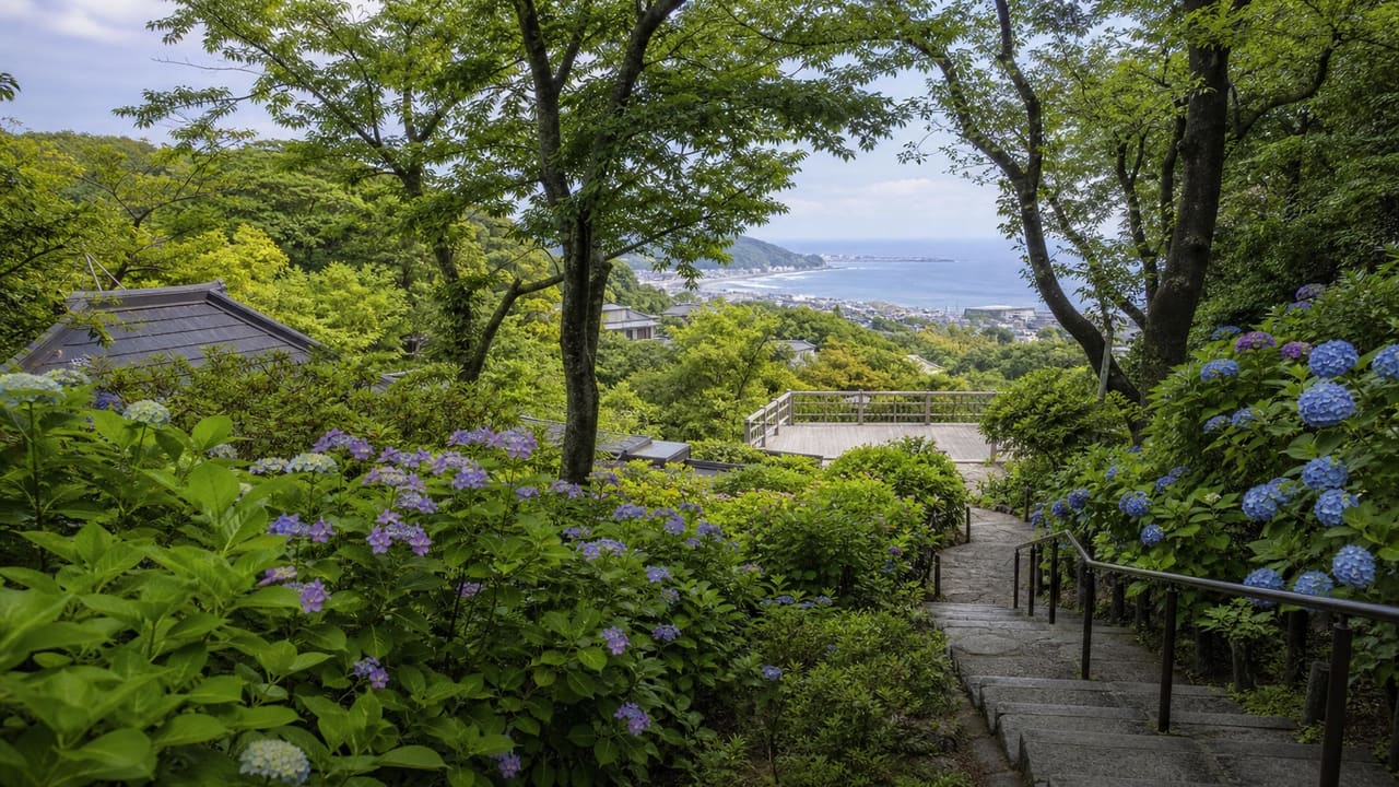 鎌倉長谷寺の花と緑の斜面から相模湾を眺める散歩をイメージしたカバー画像
