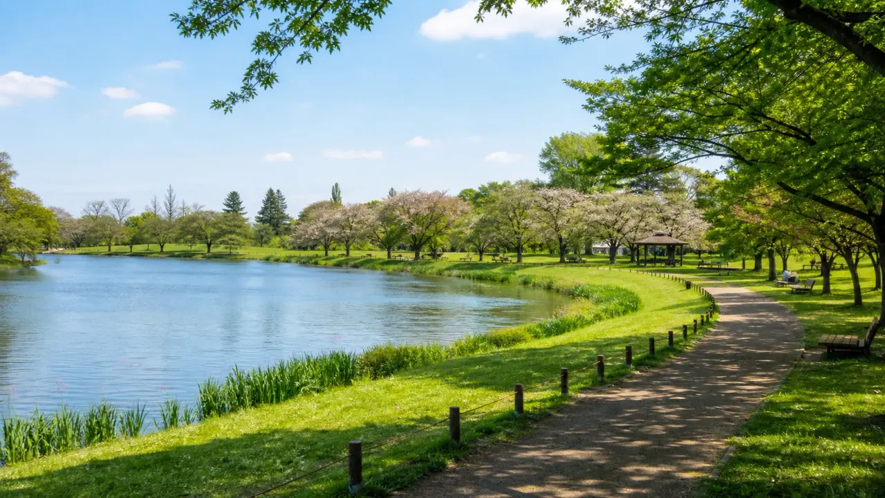 蓮田市の西城沼公園を思わせる沼と芝生と遊歩道の静かな公園風景