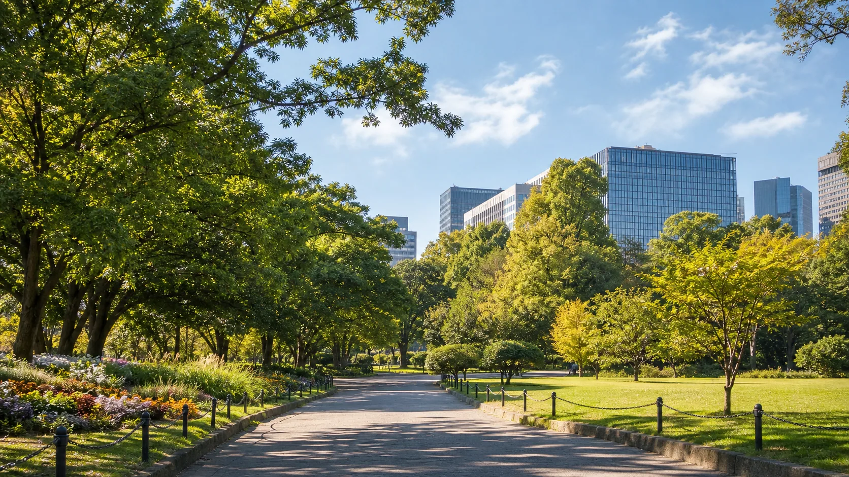 高層ビルが見える緑の公園園路のイメージ