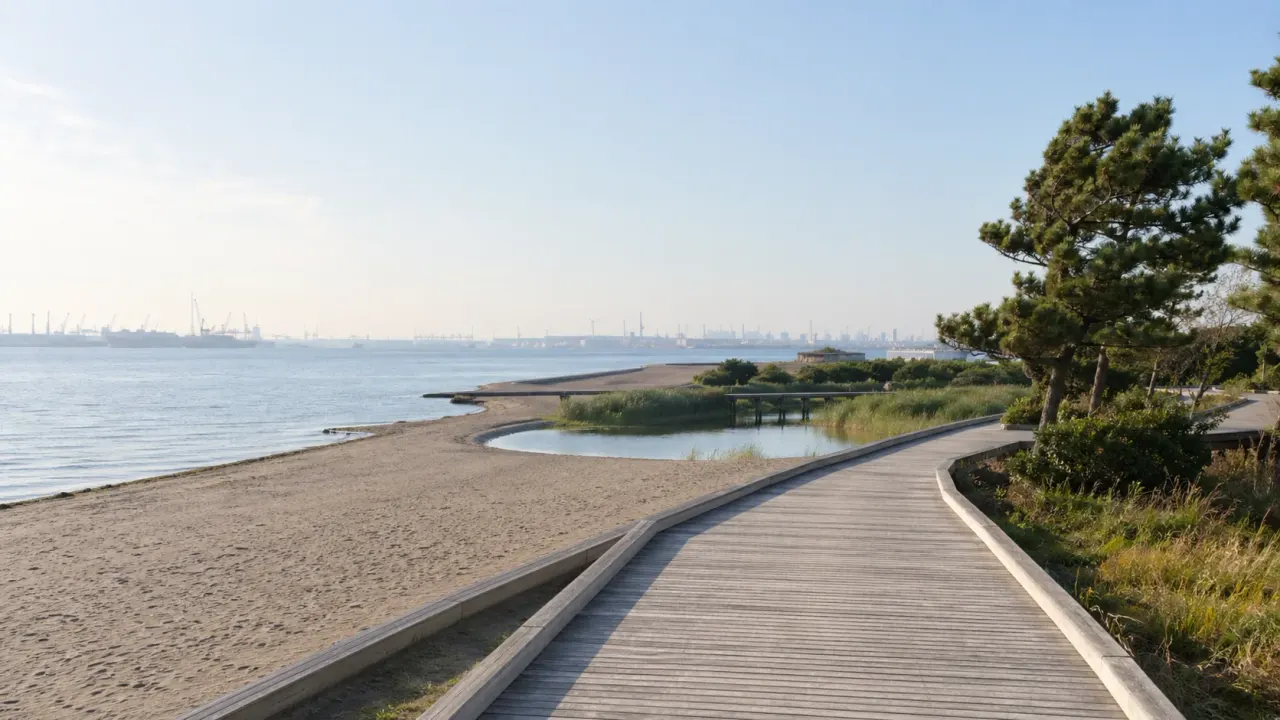 川崎区の東扇島東公園で、人工海浜のかわさきの浜、ウッドデッキ、潮入りの池をゆるくつなぐ散歩を紹介。川崎駅からバスで行く海辺の1時間半をまとめます。