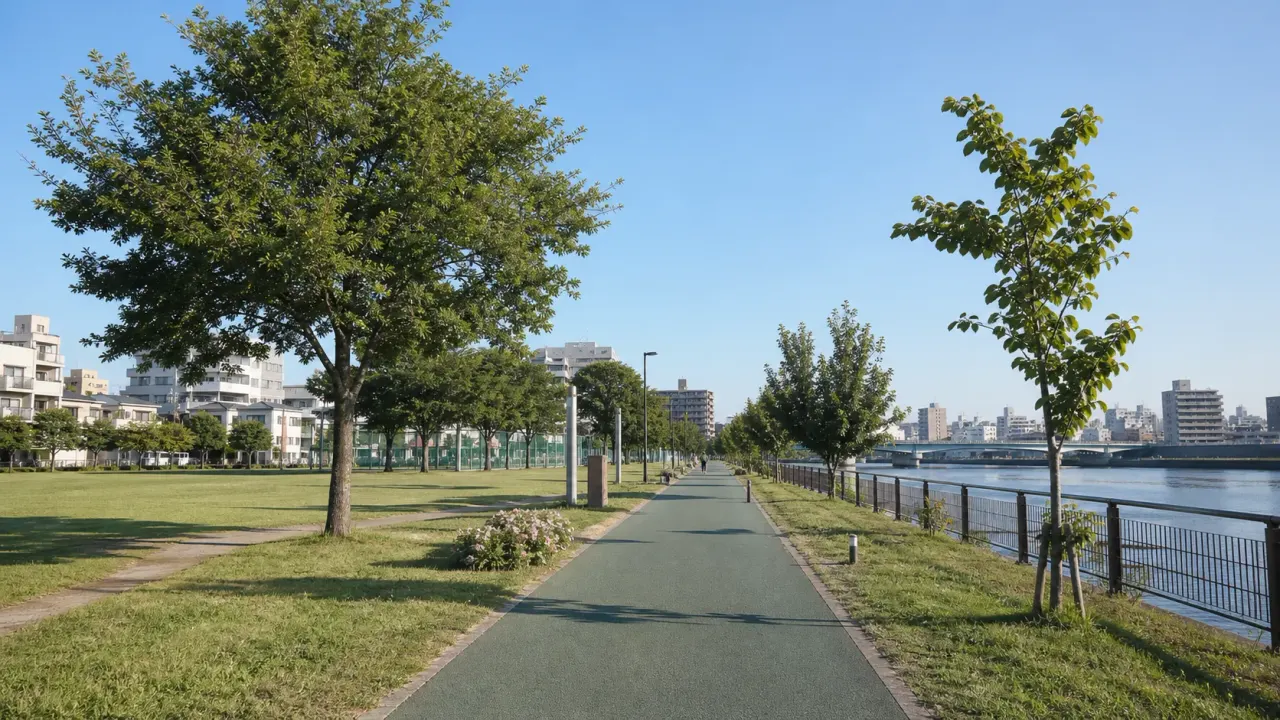墨田区の東白鬚公園を、隅田川沿いの細長い園路、防災公園としての広場、鐘ヶ淵駅からの歩き方を中心に紹介します。