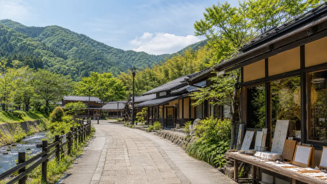 東秩父村和紙の里の建物と山あいの散歩道