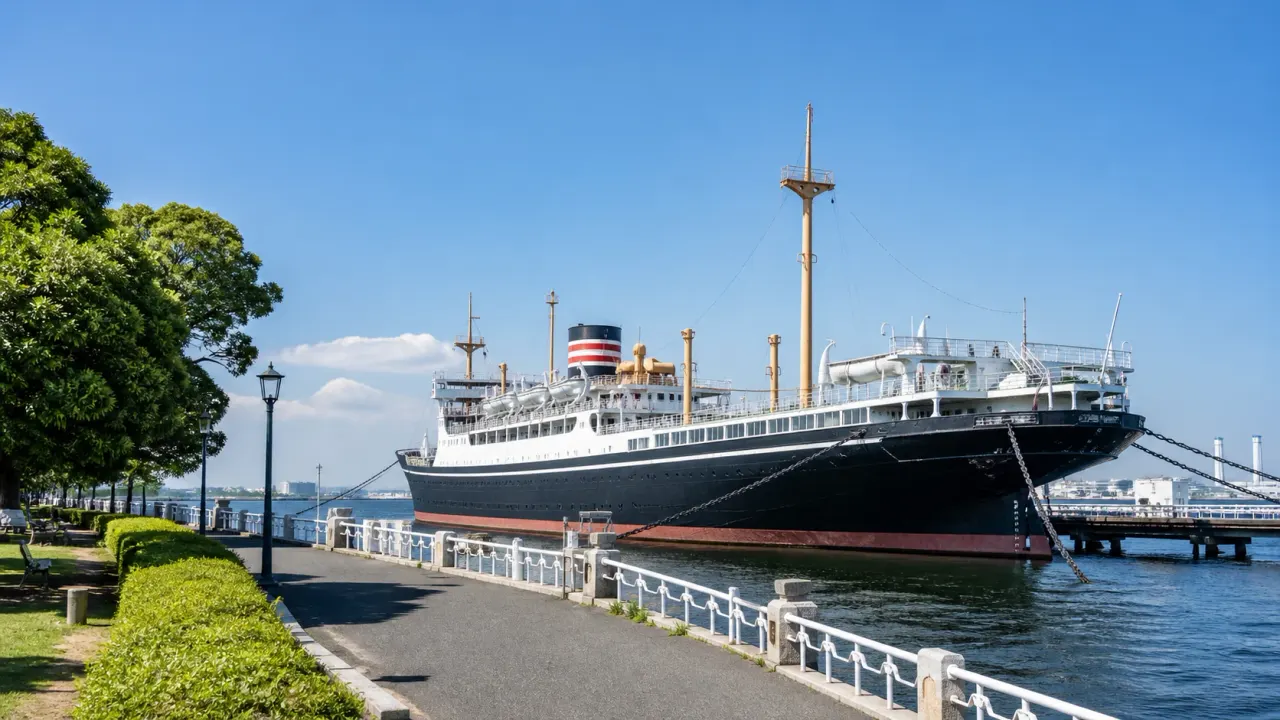 山下公園の海辺に係留されたクラシックな客船、日本郵船氷川丸をイメージしたカバー画像