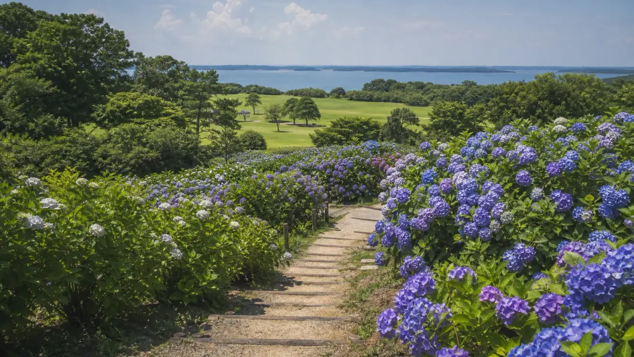 茨城県茨城町の涸沼自然公園で、あじさいの谷、太陽の広場、せせらぎ広場を歩く散歩ガイド。涸沼を望む自然公園を短時間で楽しむ日帰りコースです。