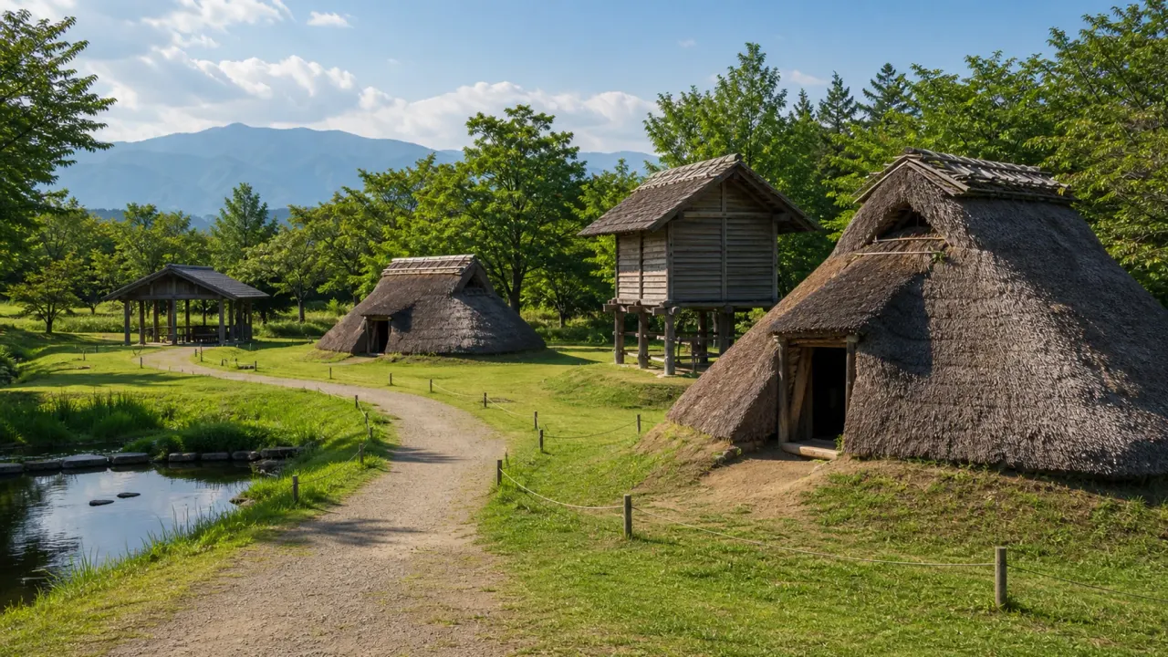 緑に囲まれた復元住居と湧水のある歴史公園をイメージした、平出遺跡公園のカバー画像