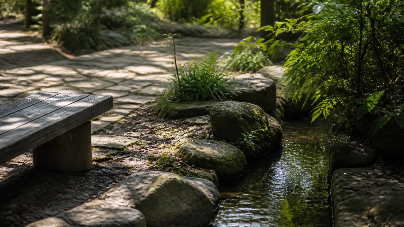 公園の水辺と木漏れ日の小径のイメージ