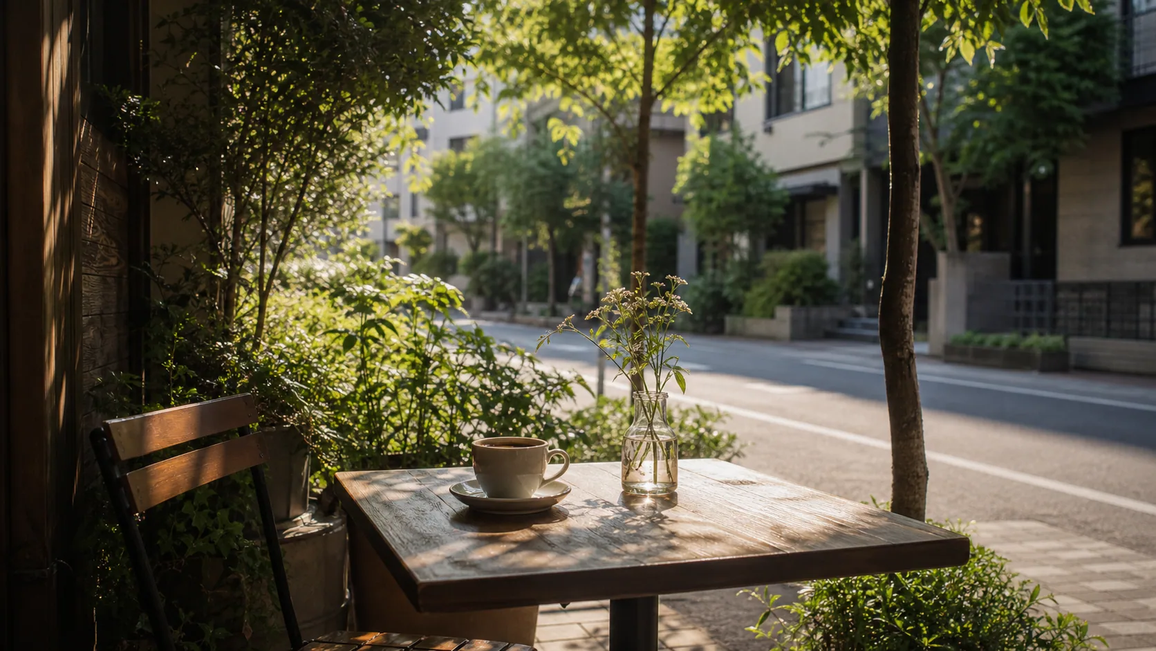 緑のあるカフェテラスで午後に休憩する場面のイメージ