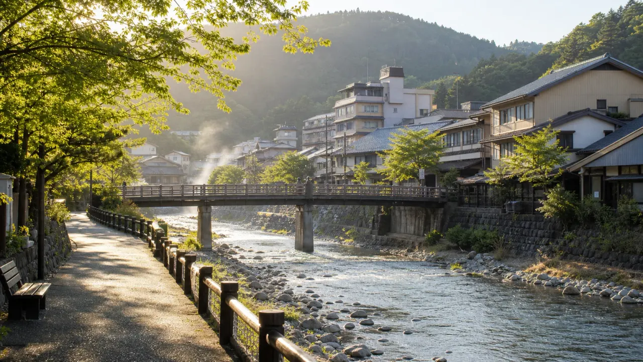 阿智村の昼神温泉を歩く散歩ガイド。朝市、阿智川沿い、温泉街の橋や湯けむり、花桃や星空観光と組み合わせるときの注意点をまとめます。