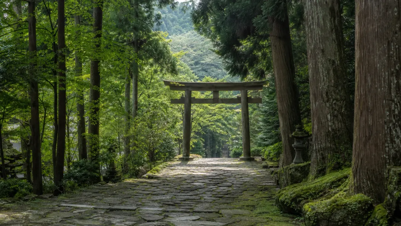 日立市の御岩神社を思わせる杉木立と苔むした石畳、鳥居が続く静かな森の参道イメージ