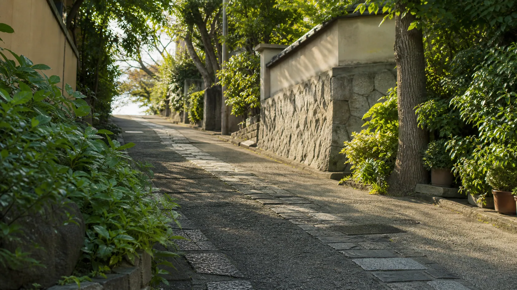 石畳と植栽が続く坂道の近景のイメージ