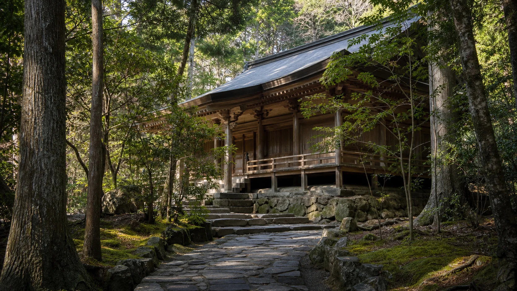 木立の中にある木造社殿風の建物を望むイメージ