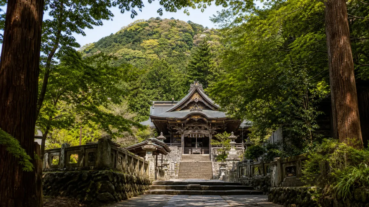 長瀞の緑に囲まれた寳登山神社の社殿と参道