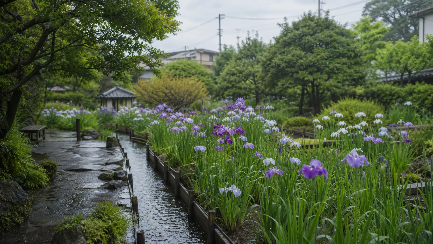 花菖蒲が咲く雨上がりの庭のイメージ
