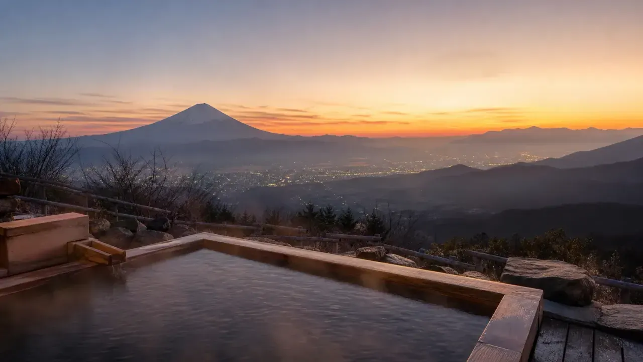 甲府盆地を見下ろす高台の露天風呂と遠くの富士山をイメージした、ほったらかし温泉のカバー画像