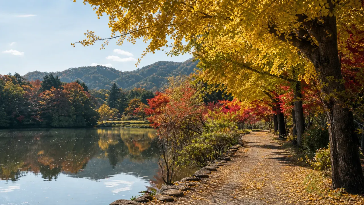 茨城の秋景色散歩をイメージした、紅葉した木々と水辺の園路が続くカバー画像