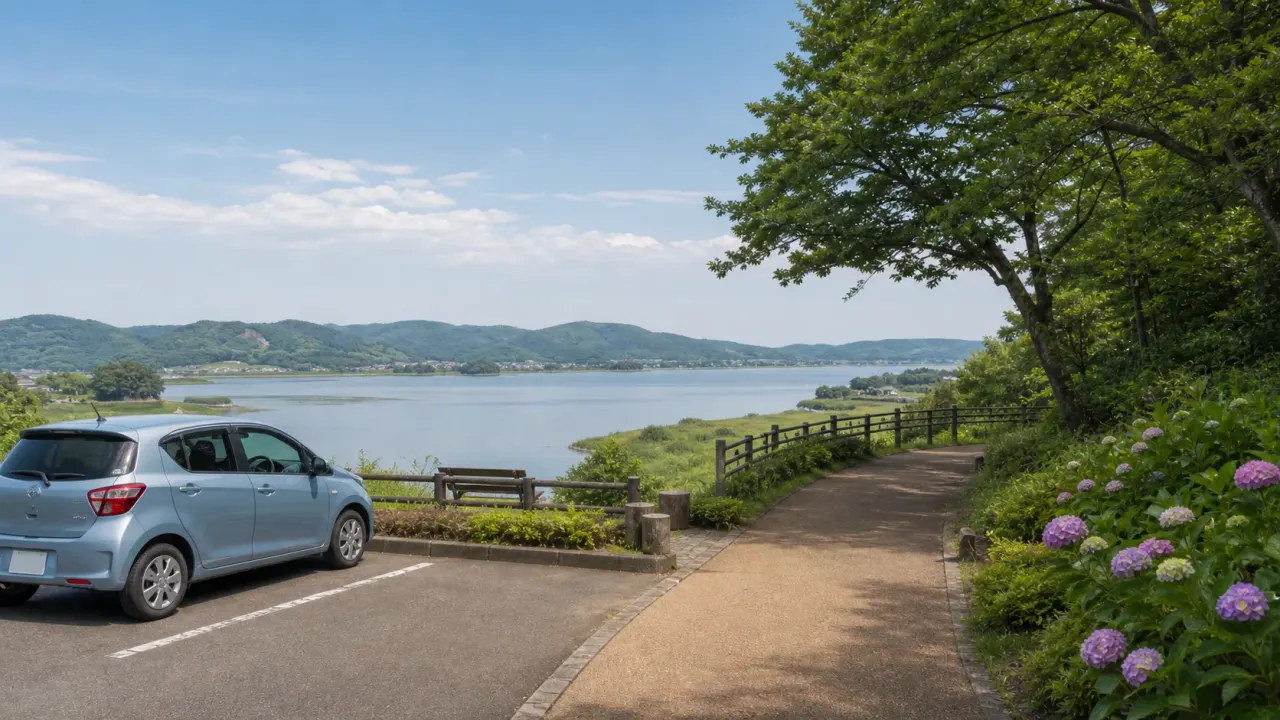 茨城の半日ドライブ散歩をイメージした、湖を望む駐車場と遊歩道のカバー画像