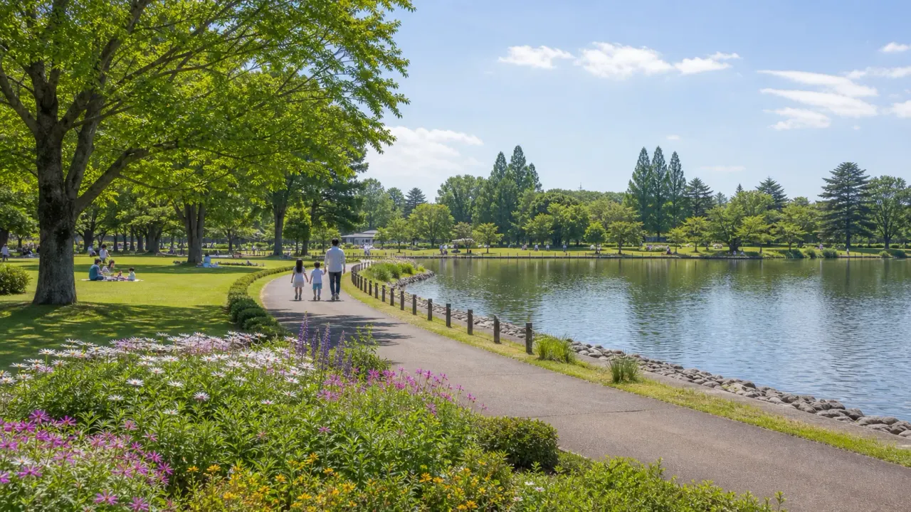茨城の子連れ公園散歩をイメージした、湖畔の園路と芝生を家族が歩くカバー画像