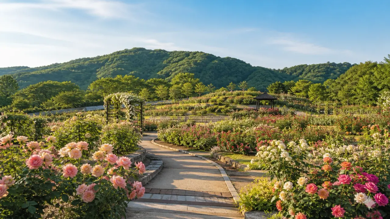 石岡市のいばらきフラワーパークで、バラの花壇と里山の緑を眺めながら歩く散歩イメージ