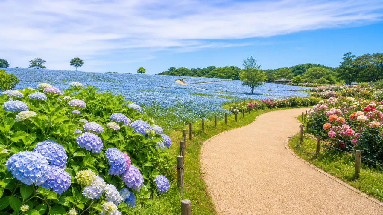 ネモフィラの丘、あじさい、バラの花壇がある茨城の花公園散歩イメージ