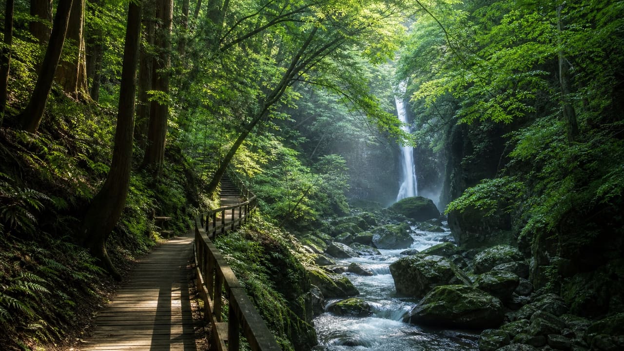茨城の森と渓谷散歩をイメージした、木道と滝のある深い緑のカバー画像