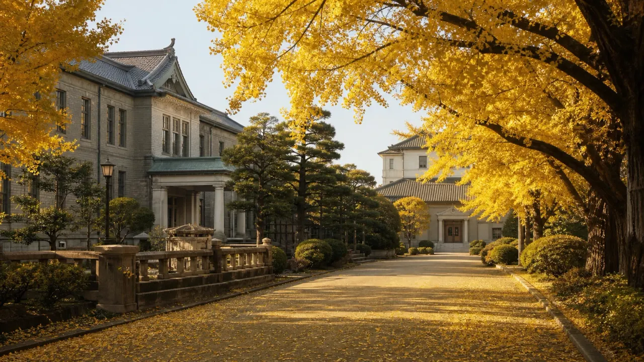 黄色く色づいたイチョウ並木と歴史的建物が続く茨城県立歴史館散歩のイメージ