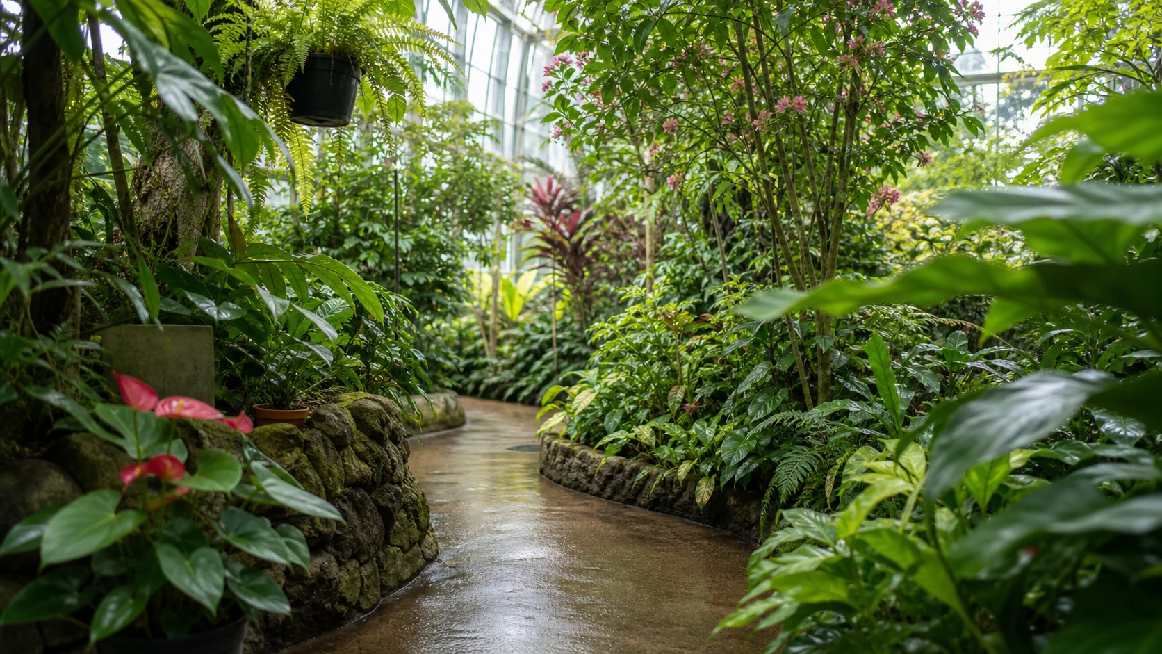 温室の植物と通路を歩く学び散歩の補助画像
